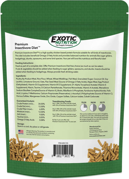 Premium Insectivore Diet (2.5 lb.) - Healthy Nutritious Chicken Based High Protein Pellet Diet - for Sugar Gliders, Hedgehogs, Opossums, Skunks & Other Insectivores