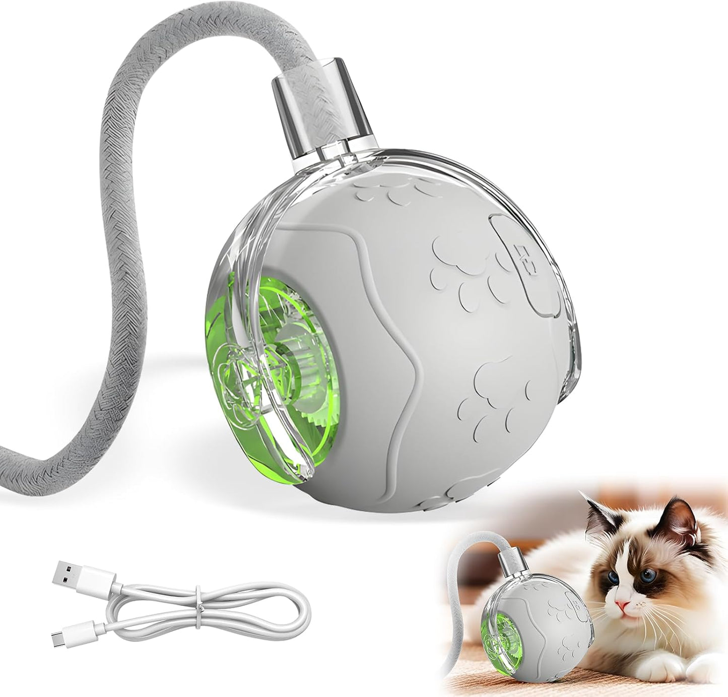 Interactive Cat Toy Balls,2025 New Interactive Rolling Cat Balls,Smart Automatic Rolling Pet Ball,Automatic Obstacle Avoidance Cat Toy with Rope for Cat & Dog (Gray)