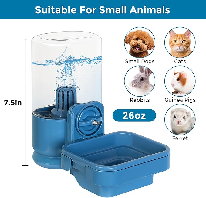 VANNON Small Animal Filter Water Dispenser for Crate, 26oz Water Bottle for Cage, BPA Free and Anti-Overeflow Pet Water Bowl for Small Dogs, Cats and Rabbits, Blue