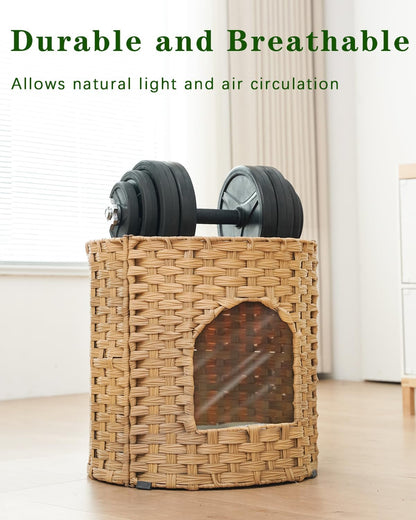 Cat House for Indoor Cat, Large Double Cat Houses Cat Bed Cave, Handwoven Rattan Pet Beds with One Soft Pad, 17 x 17 x 17 Inches Foldable Kitten Hideaway in Living Room Natural