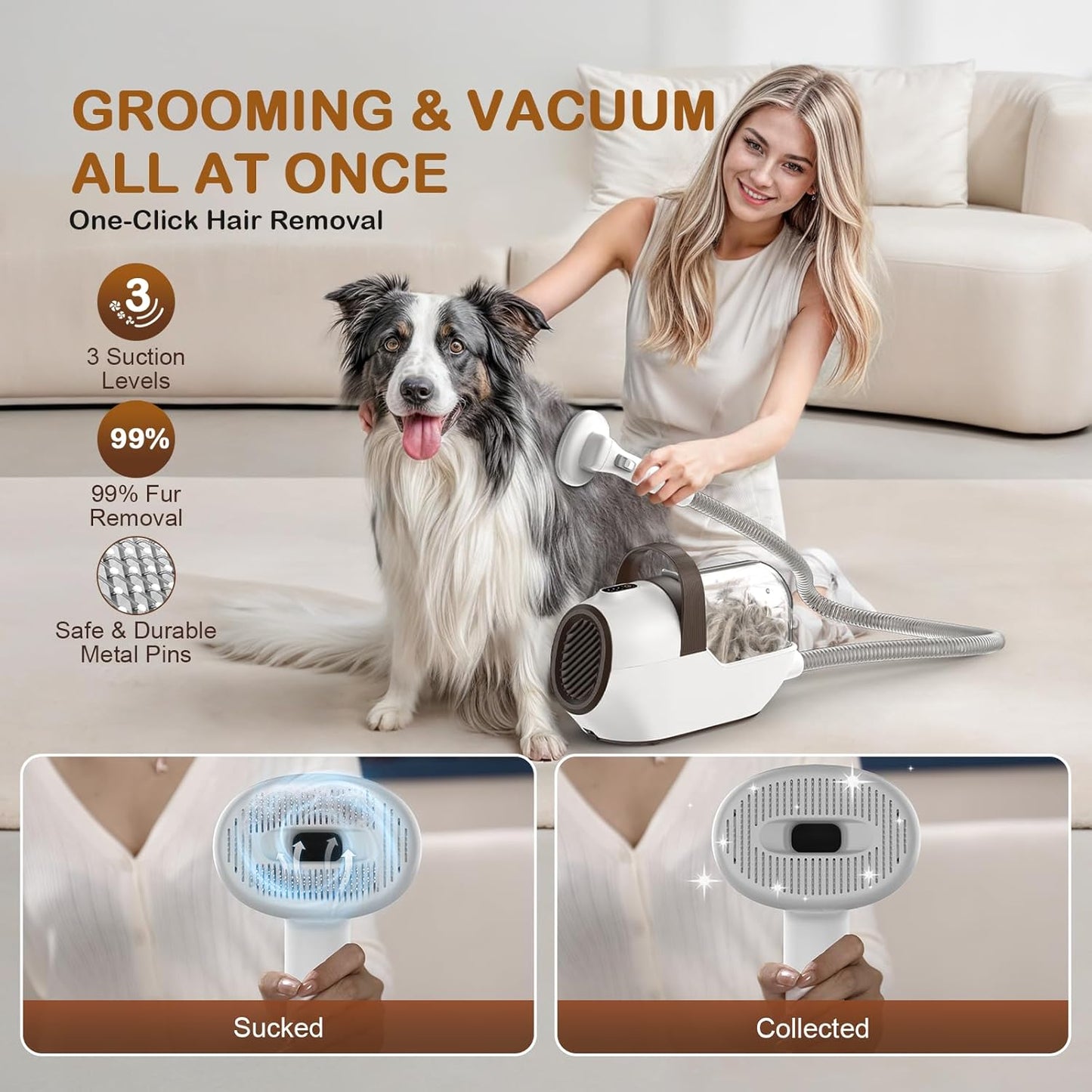 Dog Grooming Vacuum, Dog Grooming Kit with Pet Clipper Nail Grinder, 3 Suction Modes Dog Brush Vacuum with 6 Pet Grooming Tools (Brown)