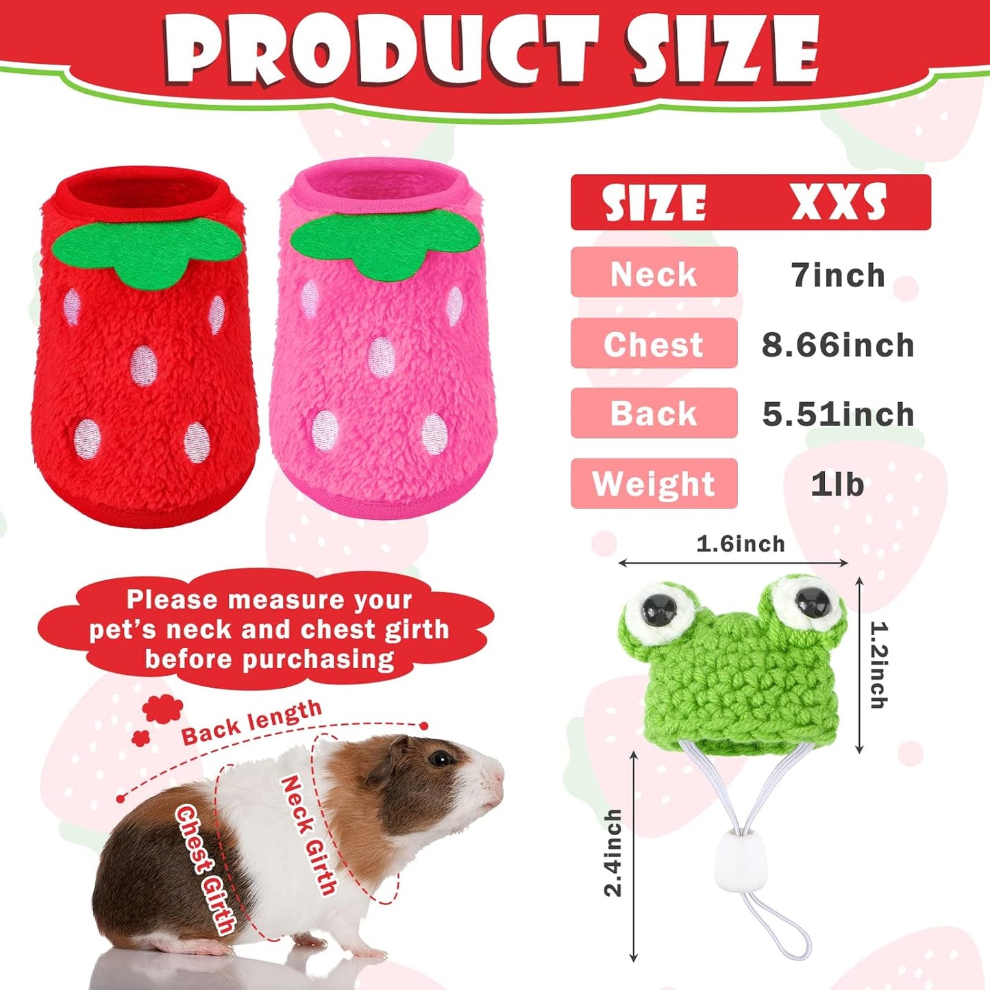 Mixweer 4 Pieces Guinea Pig Stuff Includes 2 Guinea Pig Clothes and 2 Cute Mini Hats with Adjustable Strap Small Animal Warm Vest Cozy Hand Knitted Hat for Hamster Bunny(Frog Style)