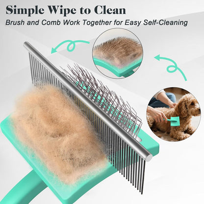 2PCS Slicker Brush for Dogs & Pet Comb,Professional Dog Grooming Brush (Goldendoodles,Poodles,Labradoodles) with Extra Long Pins to Effectively Remove Tangles, Knots and Mats (Cyan Large)