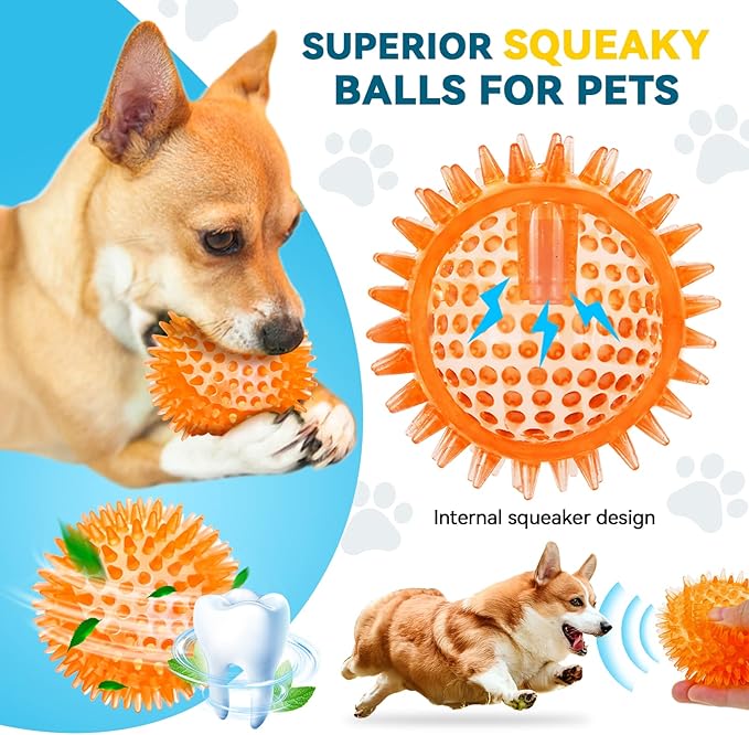 3.5” Large Dog Toys Ball, 6 Pack Squeaky oys, Durable for Aggressive Chewers, Spiky Ball for Clean Teeth and Training, Fetch Toys for Large Dogs, for Puppy Chew and Teething