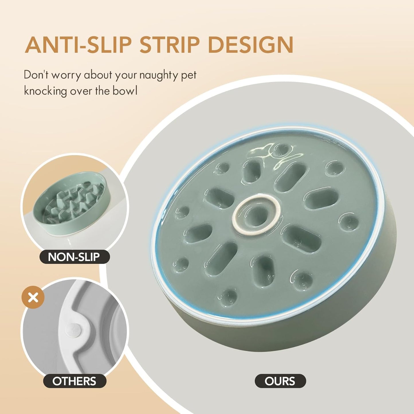 Ceramic 3.2 Cup Dog Bowl Slow Feeder, 9.5 inch Slow Pet Food Dish for Large Dog, Stop Bloat, Preventing Choking(Single Bowl,Light Green)