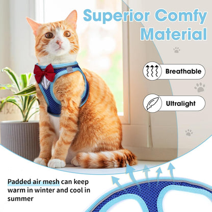 Cat Vest Harness and Leash Set for Walking, Escape Proof, Adjustable Kitten Harness Breathable Mesh with Reflective Strips, Detective Conan-Inspired Design with Glasses and Bow, Blue, L