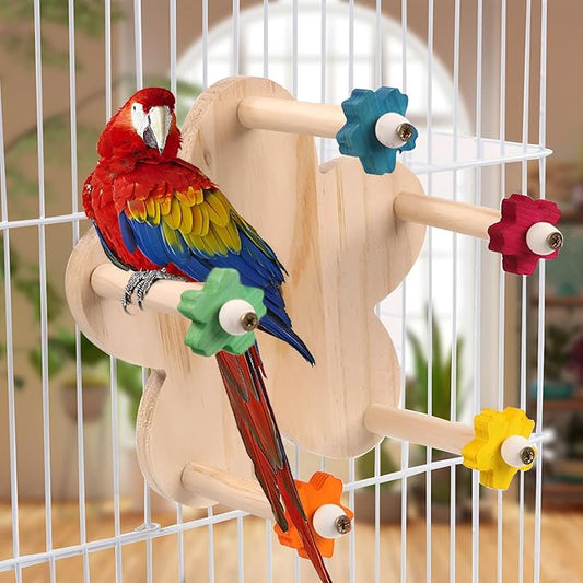 Bird Rotating Perch Toy, Wooden Ferris Wheel with 5 Color Flower Holder Perches, Hanging Bird Stand Cage Accessories for Parakeet, Parrot, Cockatiel, Budgerigar, Conure, Lovebirds (A)