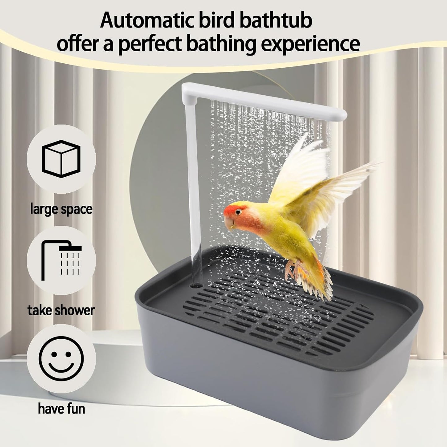 PINVNBY Automatic Bird Bath Shower for Cage,Parrot Bath Box with Pump,Parakeet Bathtub Electric Fountain Circulating Water Contains USB Power Plug for Cockatiel Lovebird Conure Budgie(Gray)