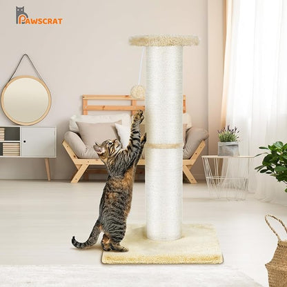 PAWSCRAT Cat Scratching Post 32" Tall, Large Diameter Natural Sisal Cat Scratch Post with Dangling Ball, Scratch-Resistant and Durable Tall Cat Scratcher for Indoor Cats, Protect Your Furniture, Beige