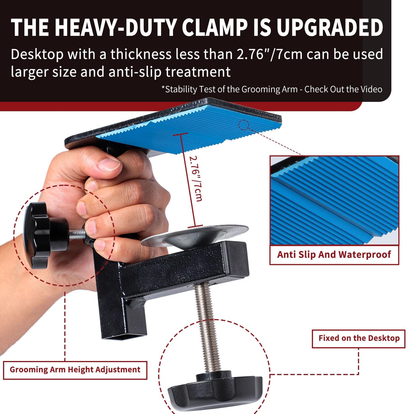 Dog Grooming Table Arm with Hammock - Adjustable Height, Pet Grooming Hammock, No Sit Haunch Holders, Loop Noose Heavy-Duty Clamp (Stainless Steel)