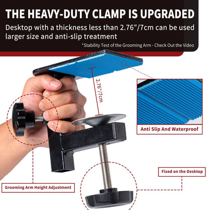 Dog Grooming Table Arm with Hammock - Adjustable Height, Pet Grooming Hammock, No Sit Haunch Holders, Loop Noose Heavy-Duty Clamp (Stainless Steel)