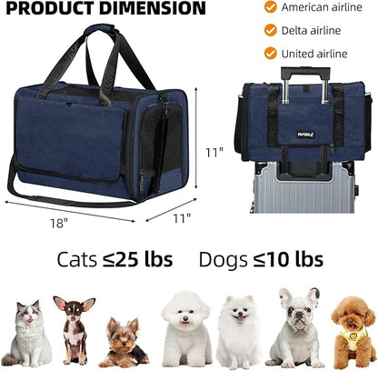 Top Load Medium Cat Carrier Privacy Curtain, American Airline Approved TSA Pet Travel Crate Suitcase Luggage Sleeve, Soft-Sided Teacup Poodle Dog Vet Bag Cage 18x11x11 Delta Under Seat Navy