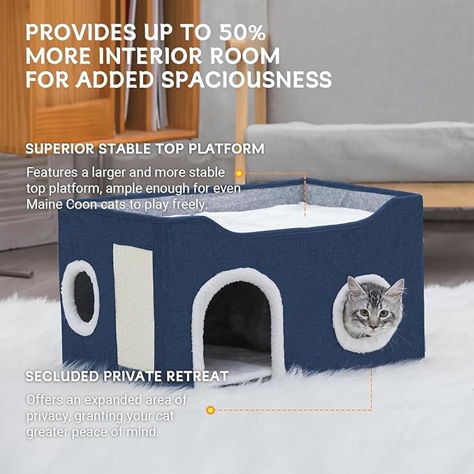 Cat House for Indoor Cats – Foldable Cat Cave & Covered Cat Bed, Cozy Hideaway for Small Pets and Large Cats (23.6"x16"x12.8"),Navy Blue