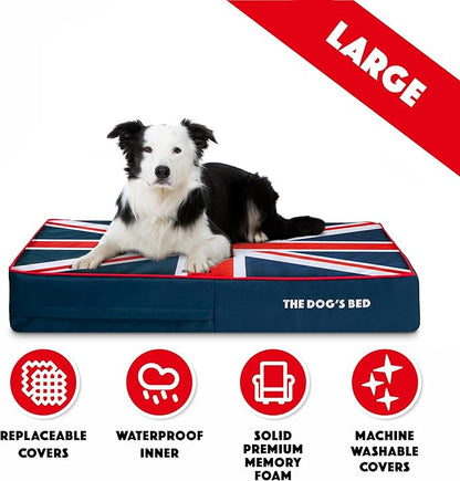The Dog’s Bed Orthopedic Memory Foam Dog Bed, Large Blue & Red Trim UK Center Flag, Pain Relief for Arthritis, Hip & Elbow Dysplasia, Post Surgery, Supportive, Calming, Waterproof Washable