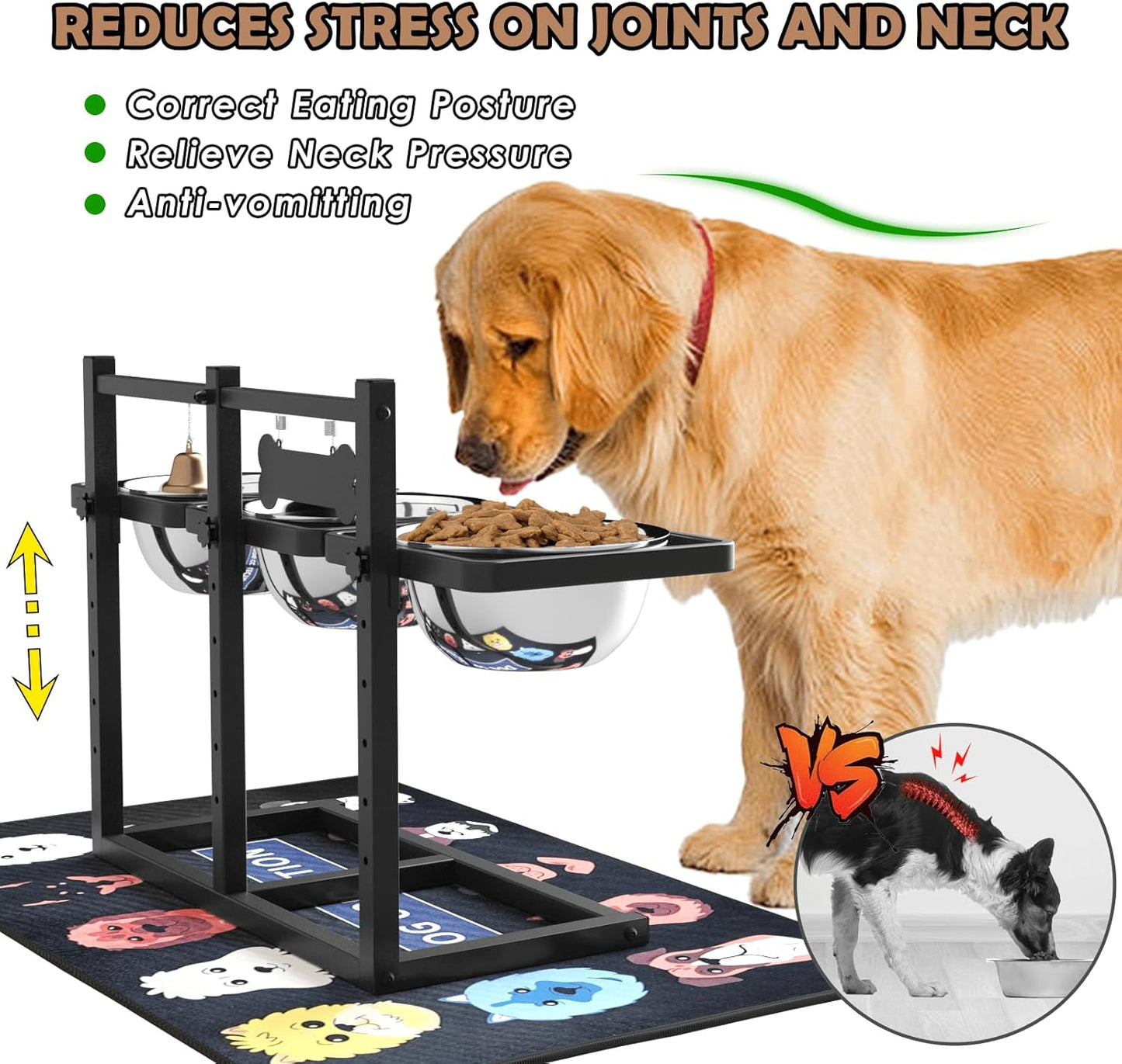 Elevated Dog Bowls for Large Dogs, 6 Height Adjustable Raised Stand with Mat, Slow Feeding Bowl and Three 1700ML Bowls, for Large Breed and Multi-Pet Households