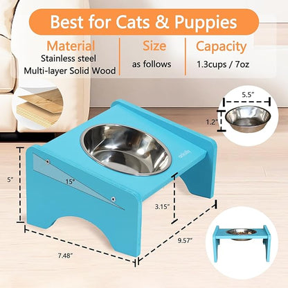 Elevated Cat Bowls,2 Stainless Steel Pet Food Water Feeder,15°Tilted Raised Pet Dish, Slanted Dog Bowl with Wood Stand for Kitty and Puppy,Wide 5.51" (Blue)