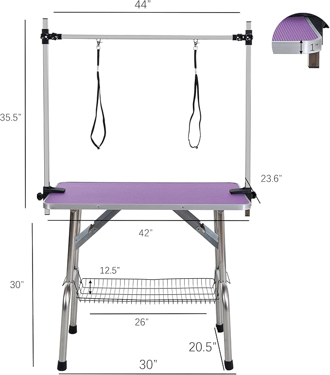 42" Dog Grooming Table Foldable Pet Grooming Tables with Adjustable Arm Noose Storage Mesh Tray Maximum Capacity Up to 330lbs Purple