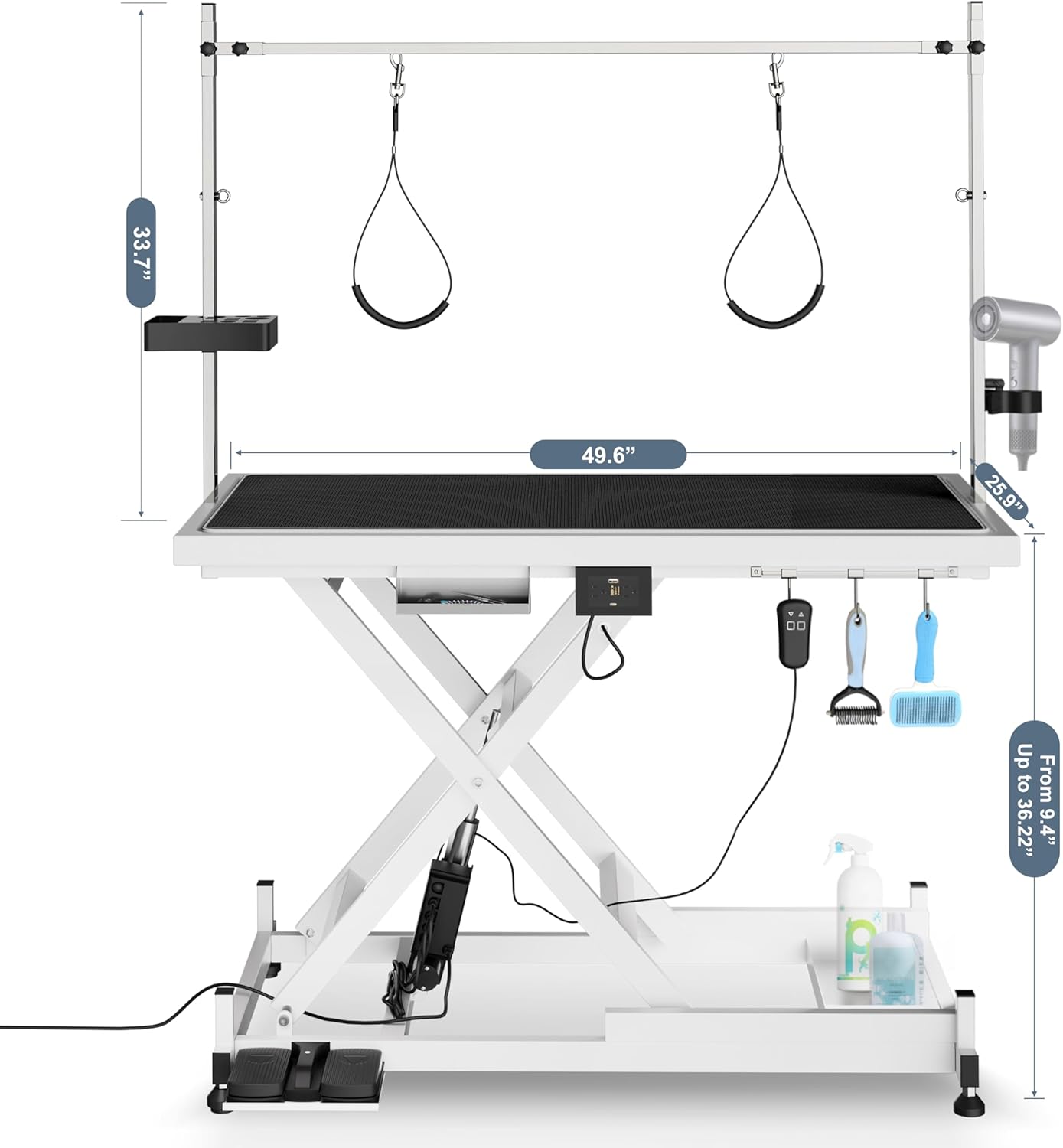 Heavy Duty Electric Lifting Pet Dog Grooming Table for Large Dogs with Overhead Arm, Anti-Skid Rubber Desktop and Powerful Motor, 50'' / White