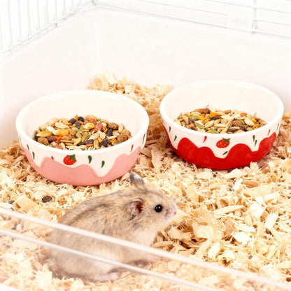 Wontee Hamster Food Bowl 2 Pack Ceramic Food Water Bowl Anti-Tipping for Dwarf Hamsters Gerbil Mice Hedgehog Guinea Pig (Red+Pink)
