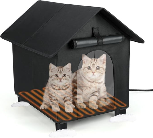 BWOGUE Large Elevated Heated Cat House for Outdoor Cats in Winter, Waterproof & Insulated Feral Cat Shelter for Outside Cats, Weatherproof Feral Cat House for Outside(Large Black)