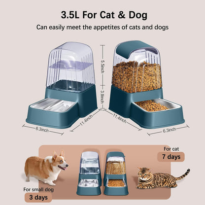 Automatic Dog and Cat Food Feeder and Water Dispenser Set with Stainless Steel Bowls,Gravity Pet Food and Water Feeders,100% BPA-Free,Large Capacity for Cats Dogs Pets
