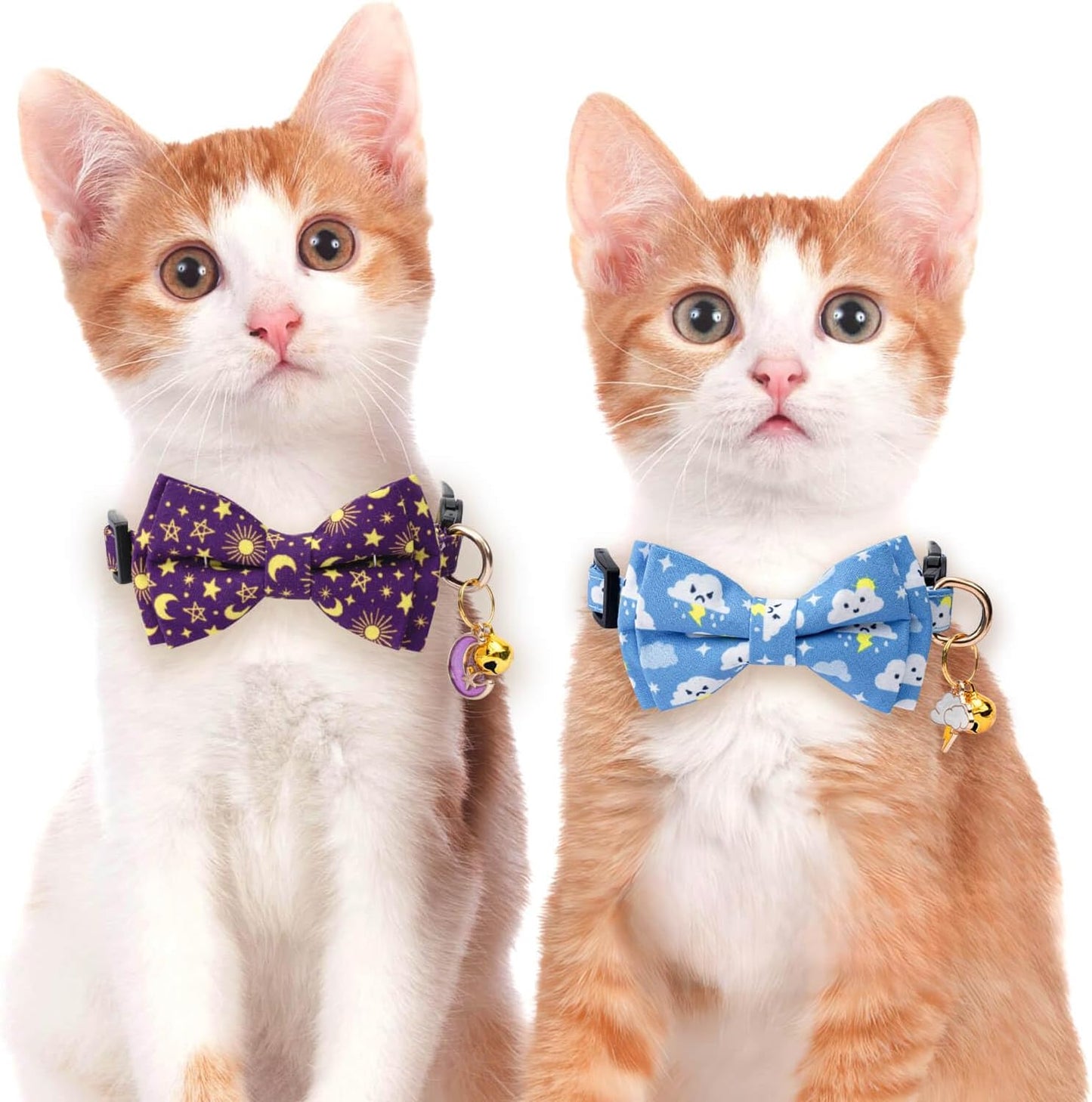 2 Pack Cotton Cat Collar with Bow Tie and Bell for Girl Boy Cats,Cute Purple Moon and Blue Cloud Pattern Spring Summer Breakaway Cat Collar for Male Female Cats(Moon&Cloud)