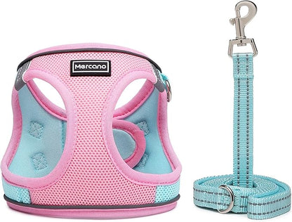 Mercano Soft Mesh Dog Harness and Leash Set, No-Chock Step-in Reflective Breathable Lightweight Easy Walk Vest Harnesses with Safety Buckle for Small Dogs, Cats (L, Pink Blue)