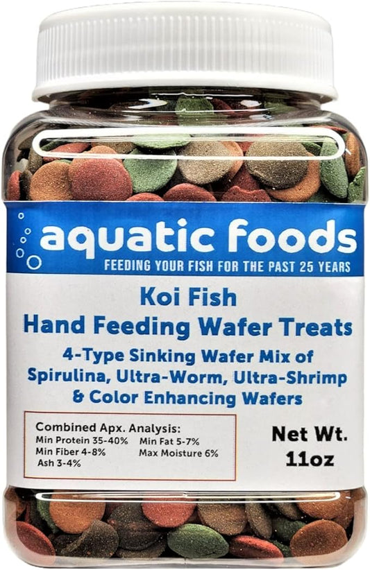 Aquatic Foods Inc. Koi Fish, Hand Feeding 12mm - 1/2" 4-Type Sinking Wafer Treats, Teach Your Koi to Eat Out of Your Hands…11oz Small Jar