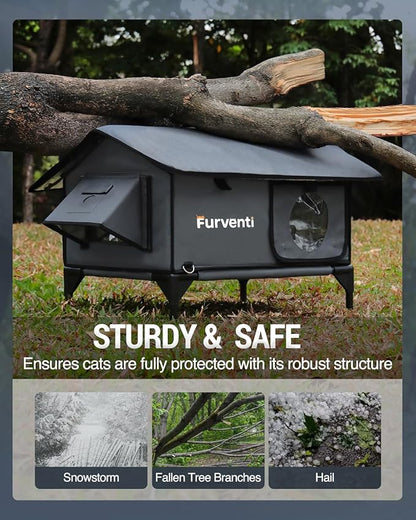 Heated Cat House for Outside,Extremely Weatherproof&Insulated in Winter,Elevated Outdoor Cat Shelter with Waterproof Eaves&Escape Door for Feral Stray Barn Cats(Dark Grey,S)