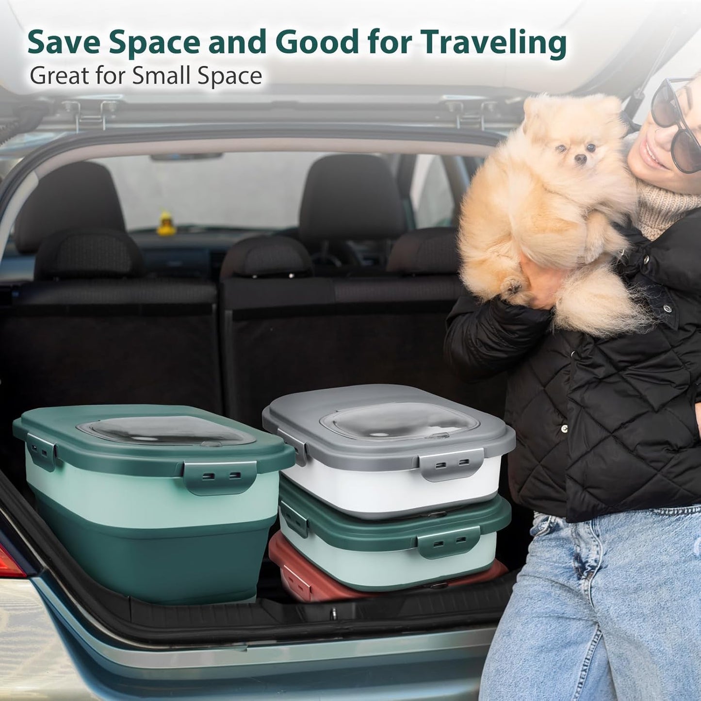 Dog Food Storage Container, 5-20Lbs Collapsible Pet Food Storage Containers with Rolling Wheel Airtight Locking Lid, Dry Food Storage Bin with Cup and Scoop, Suitable for Pet Food, Flour, Rice