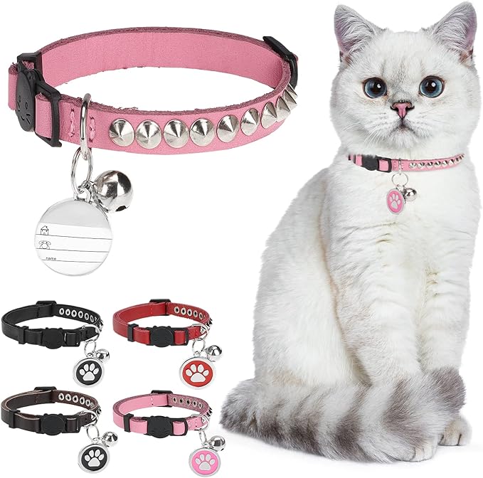 Leather Personalized Breakaway Cat Collar with Studded Bell and Safety Quick Release Buckle - Rivets Studded ID DIY Collars for Boy Girl Cats Kittens, 9" - 11.5" Pink
