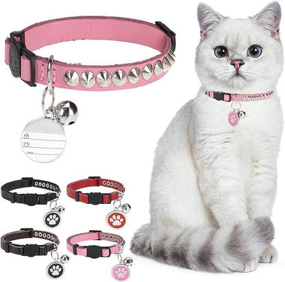 Leather Personalized Breakaway Cat Collar with Studded Bell and Safety Quick Release Buckle - Rivets Studded ID DIY Collars for Boy Girl Cats Kittens, 9" - 11.5" Pink