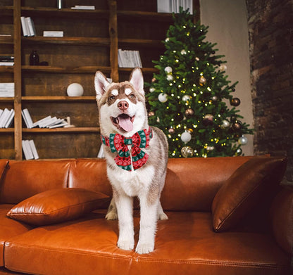 DOGWONG Christmas Dog Collar with Sailor Bow tie, Red Green Strip Snowflake Dog Collar Soft Durable Adjustable Cotton Puppy Collar for Small Medium Large Dog
