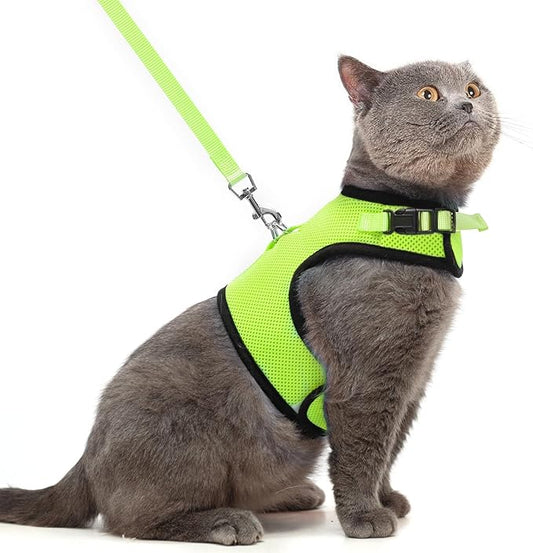 PUPTECK Soft Mesh Cat Vest Harness and Leash Set Puppy Padded Pet Harnesses Escape Proof for Cats Small Dogs Rabbits Bunny, Fluorescent Green XL