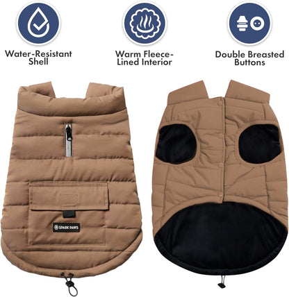 Spark Paws Dog Winter Jacket, Water-Resistant Coat, Warm Reflective Windproof Fleece-Interior, for Medium and Large Dogs - Tan - S