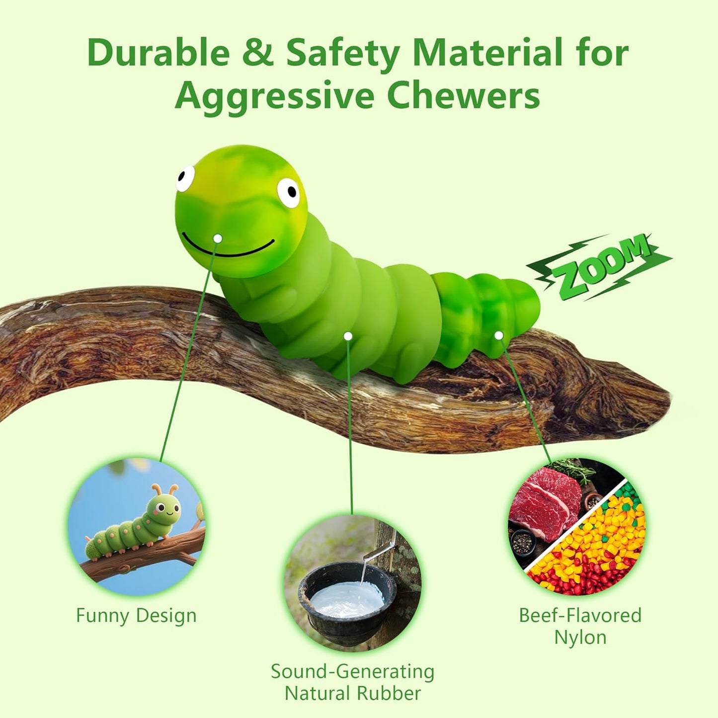 Caterpillar Dog Chew Toys for Aggressive Chewers, Tough Indestructible Squeaky Dog Toy with Beef Flavor Nylon Rubber for Large Medium Dogs to Keep Them Busy and Reduce Boredom (Green)