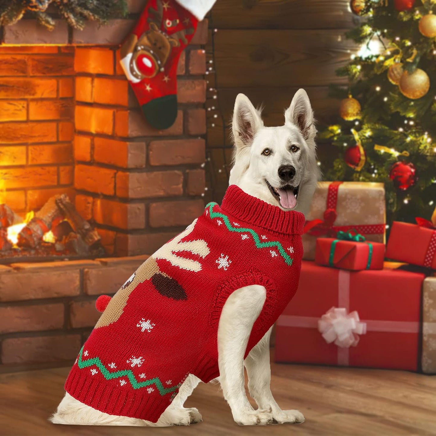 Christmas Dog Turtleneck Sweater Winter Reindeer Snowflake Sweater with Leash Hole Puppy Knitwear Pullover Holiday Sweaters for Small Medium Large Dogs XL