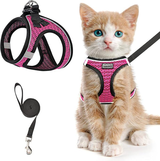 Cat Harness and Leash for Walking Escape Proof, Adjustable Kitten Vest Harness Reflective Soft Mesh Puppy Harness for Outdoor, Comfort Fit, Easy to Control (Pink, L)