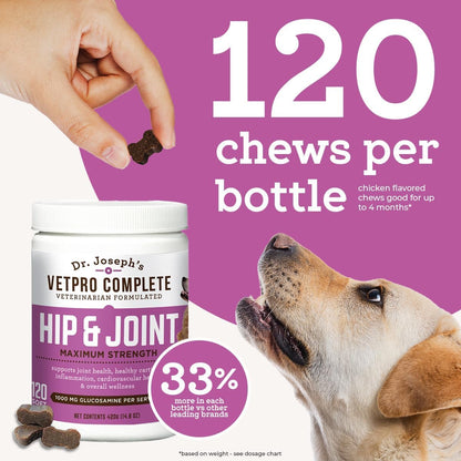 Dr. Joseph's VetPro Complete Dog Hip and Joint Supplement, 120 Count, Chicken Flavored Pain and Inflammation Relief Chews with Glucosamine, Chondroitin, MSM, Turmeric, Vitamin C, Omega 3