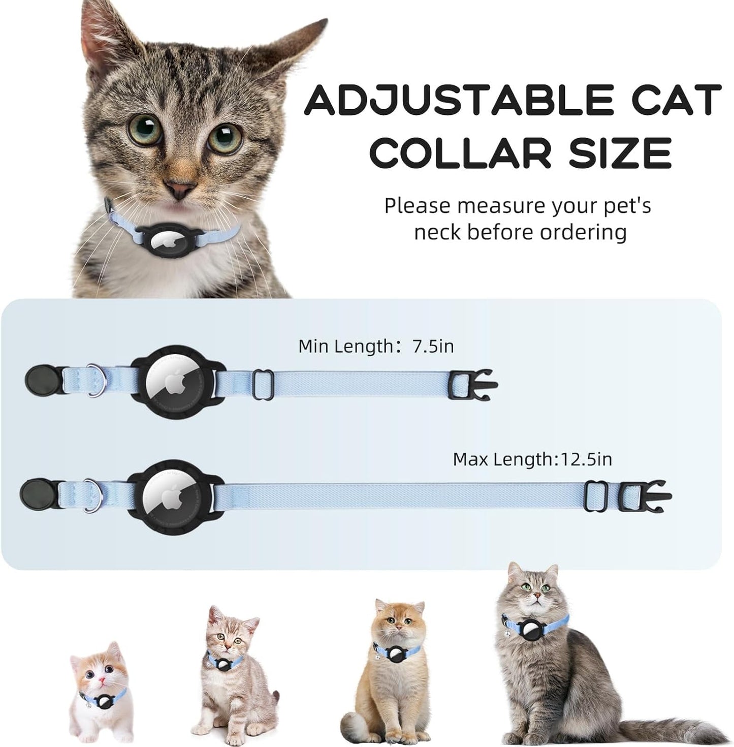 AirTag Cat Collars, Stretchy Collar with Apple AirTag Holder and Bell, Breakaway Ultra Design Elastic GPS Tracking Collars for Cats and Puppies, (7.5-12.5 Inch), Blue