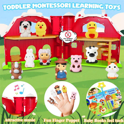 Musical Red Barn Farm Animal Toys with Tails Baby Book, Educational Preschool Farm Animals Finger Puppet for Toddlers 1-3, Montessori Learning Toys Christmas Birthday Gift for Boys Girls 12-18 Months
