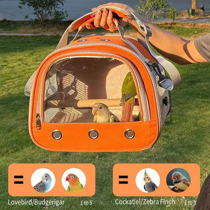 Bird Carrier,Bird Cage Parakeet Parrot Budgie Carrier Backpack for Small Birds, Travel Bird Cages with Perch, Transparent Ventilation Cockatiels, Lightweight Pet Carrier for Outdoor Use(Orange)
