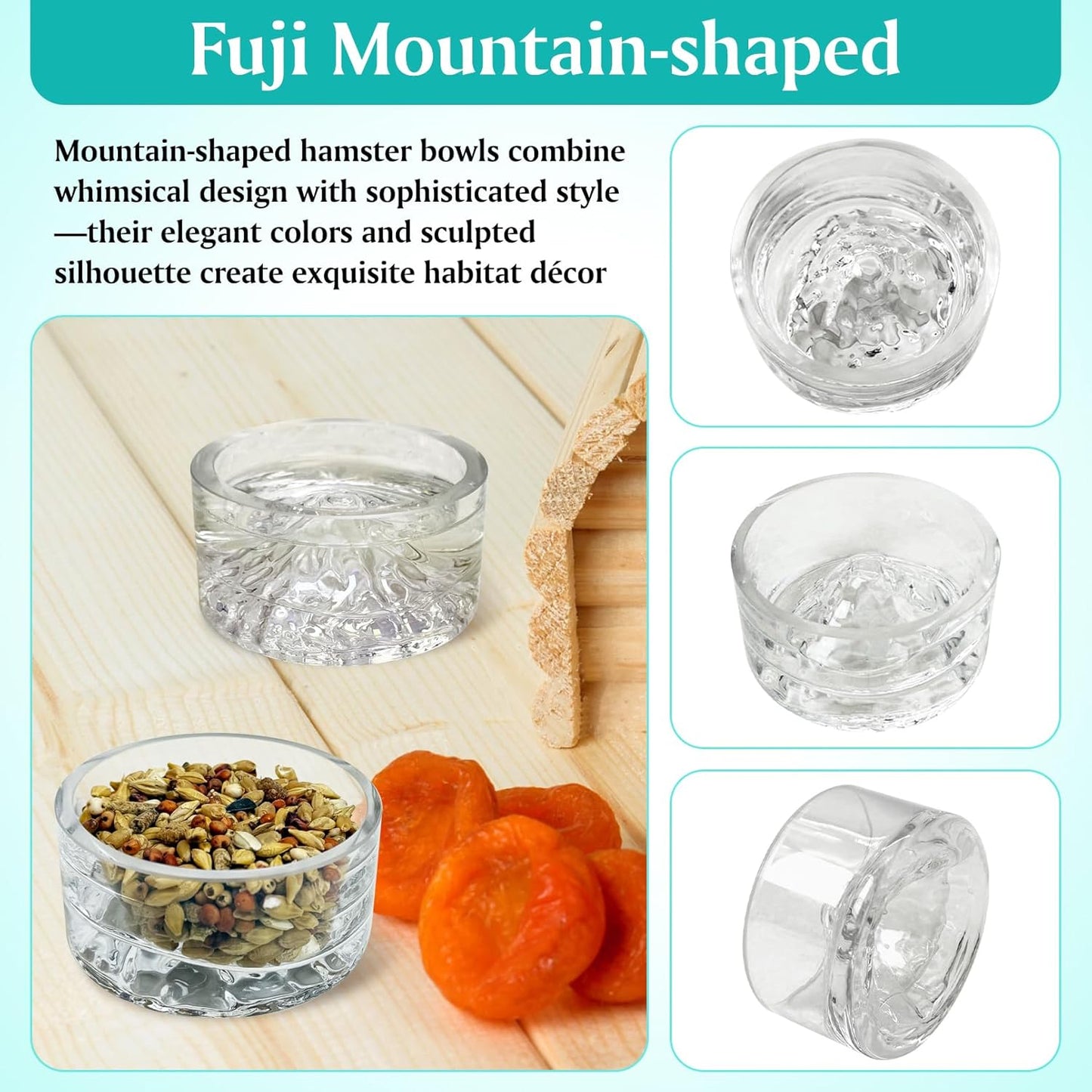 BNOSDM 2Pcs Hamster Food and Water Bowl Mountain Fuji Style Glass Drinking Dwarf Hamster Feeder Anti-Turning Dish for Syrian Hamsters Gerbils Mice Rats or Other Similar-Sized Pets (Transparent)