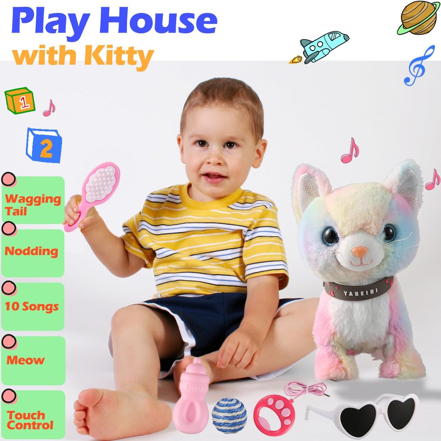 Colorful Walking Cat Set Singing That Purrs and Meows Animated Plush Robot Kitten with Leash Moving Plush Stuffed Animal Remote Control Cute Kawai Robotic Kitty Electronic Kitten Toy for Girl Kid