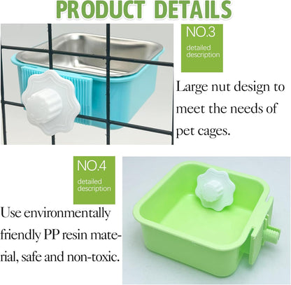 kathson Crate Dog Bowl, Removable Stainless Steel Hanging Pet Kennel Cage Bowl Food & Water Feeder Coop Cup for Puppy, Cat, Rabbit, Guinea Pigs 2pcs Small Square(Blue, Green)