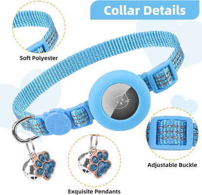 PUPTECK Airtag Cat Collar Breakaway 2 Pack with Bells, Reflective Kitten Collar with Air Tag Holder for Boy Girl Kitty and Puppies, Soft, Navy Blue & Light Blue