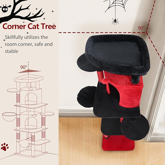 Globlazer Gothic Corner Cat Tree Tower for Large Cat, 66inch Tall Large Goth Cat Tree for Multiple Indoor Cats with 6 Scratching Posts, 2 Spacious Condos, Soft Hammock, Hanging Basket, C66, Red Black
