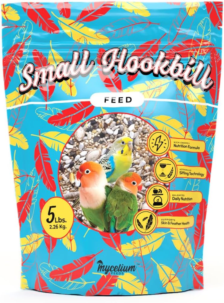 Mycelium Small Hookbill Feed (5 LBS) | Organic, Non‑GMO Bird Food for Cockatiels, Conures & Lovebirds | Filler‑Free with Hulled Seeds | Daily Energy, Skin & Feather Support | Made in USA