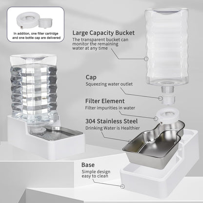Automatic Pet Water Dispenser: 9L Gravity-Fed Stainless Steel Bowl - BPA-Free Large Capacity White Feeder for Dogs & Cats - Indoor/Outdoor Use