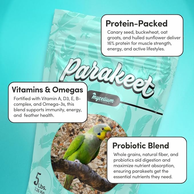 Mycelium Premium Parakeet Protein | Bird Food for Parakeets & Budgies | High-Protein Seed Blend with Corn, Buckwheat, Safflower, Sunflower & Pumpkin | Organic & Non-GMO | High-Nutrient 5 lb Bag